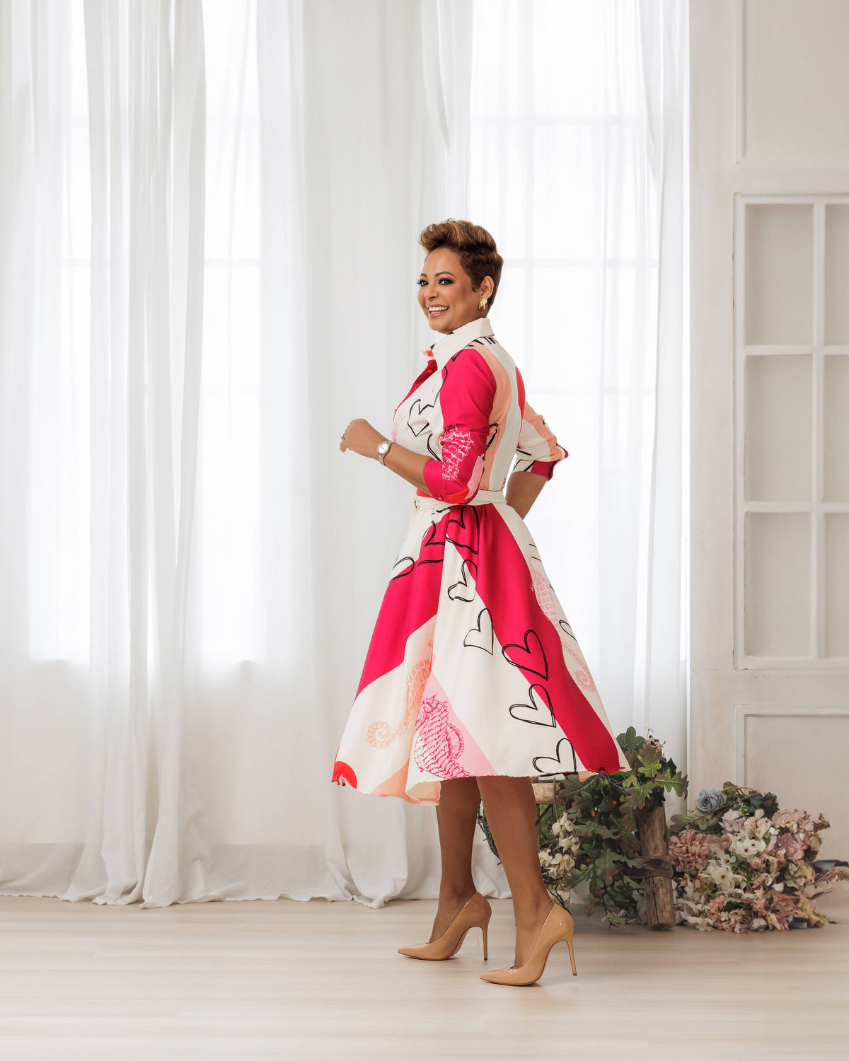 Vestido camisero con falda circular, con lazo en cintura, tejido de caballito de mar